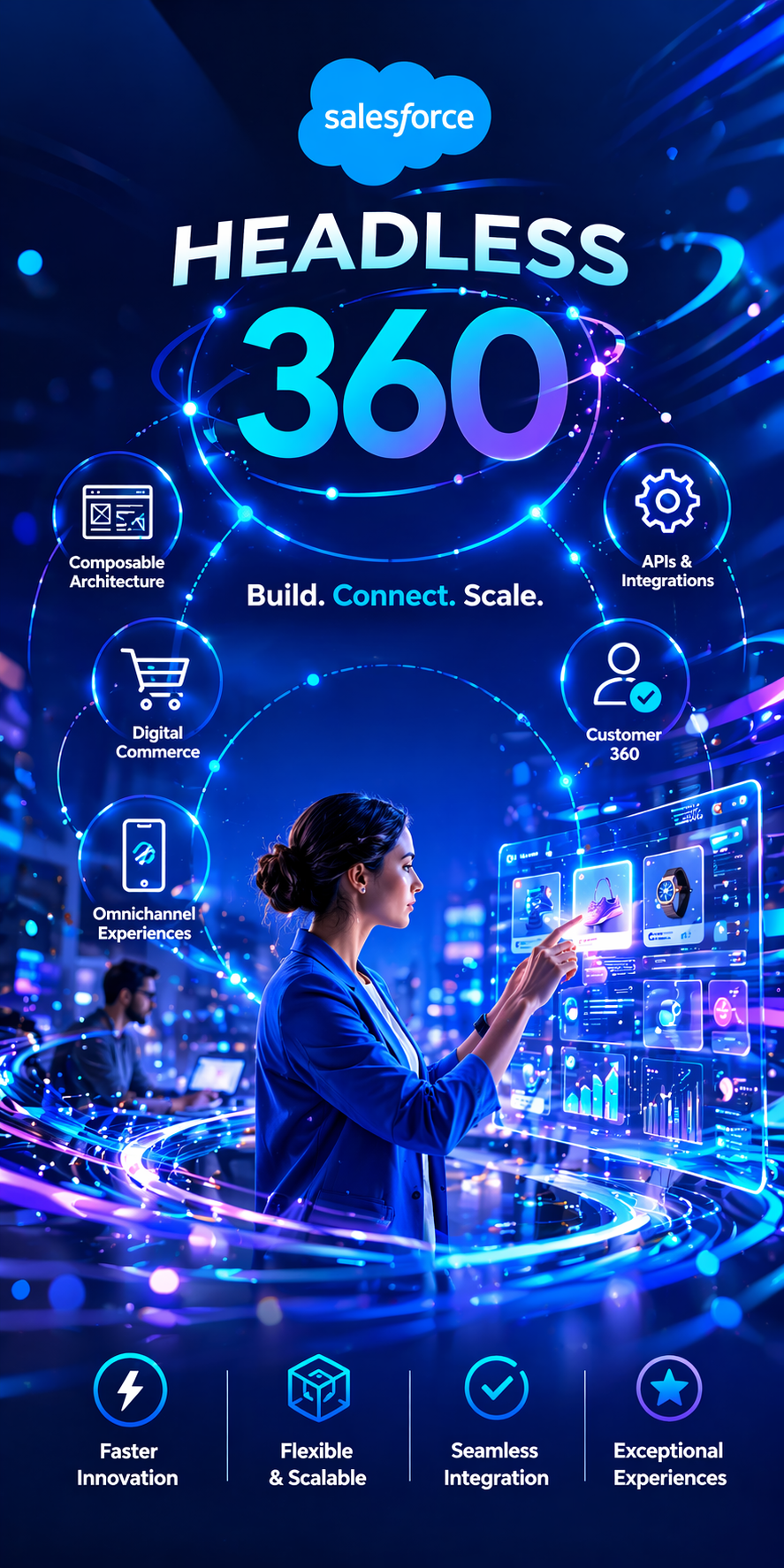 Salesforce Headless 360 overview graphic showing APIs, integrations, commerce, mobile, and customer 360